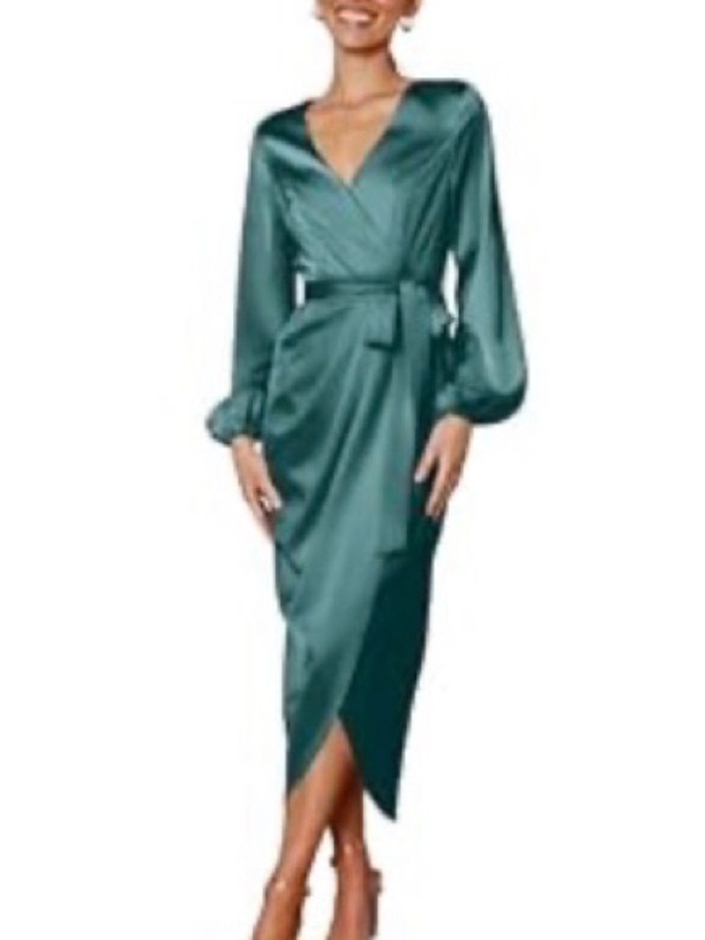 Elegant Teal Satin Wrap Midi Dress with Belt